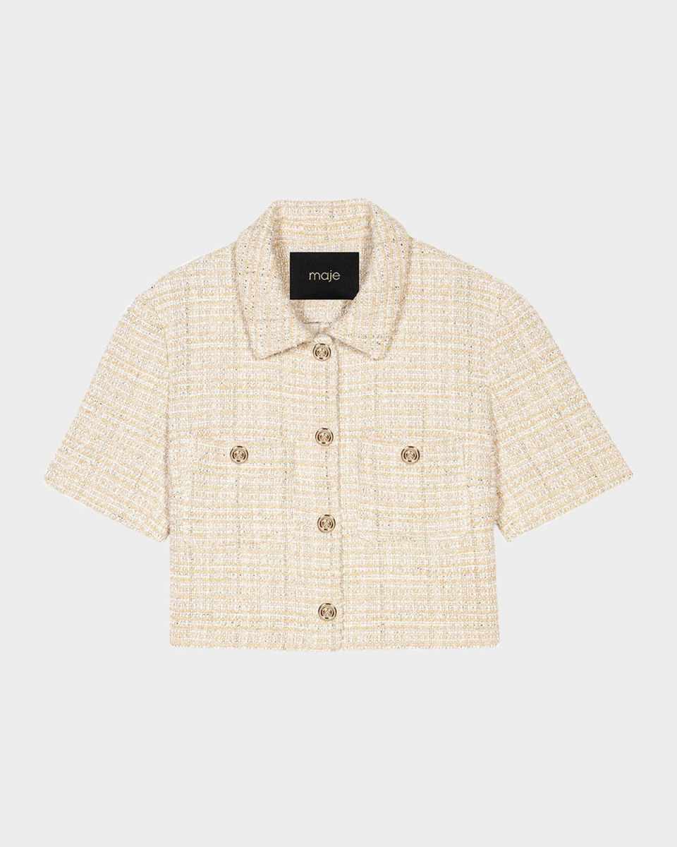 Vilarte Short-Sleeve Shiny Tweed Blazer